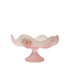 VTG Viking satin frosted pedestal compote pink floral hand painted candy dish